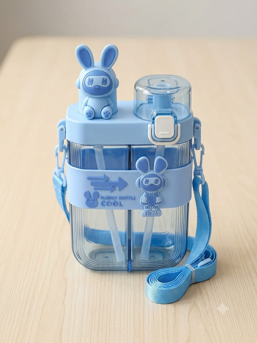 Cute Rabbit Kids Water Bottle with Strap & Straw – Portable School Bottle