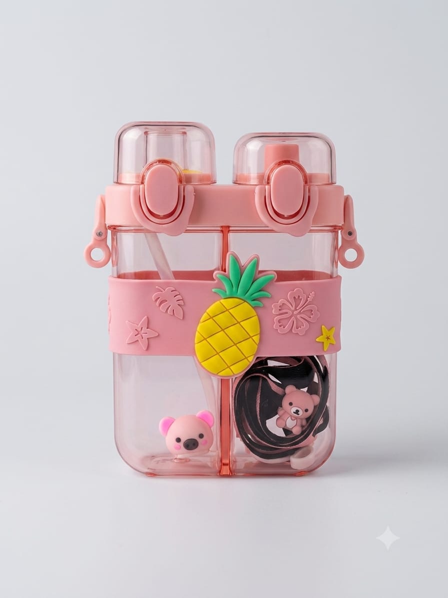 Cute Double Water Bottle for Kids with Straps & Straws – Pink Pineapple Design Product Descripti