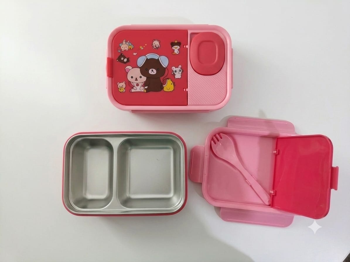 Pink Stainless Steel Kids Lunch Box with Spoon & Fork – 2-Compartment Bento Food Box