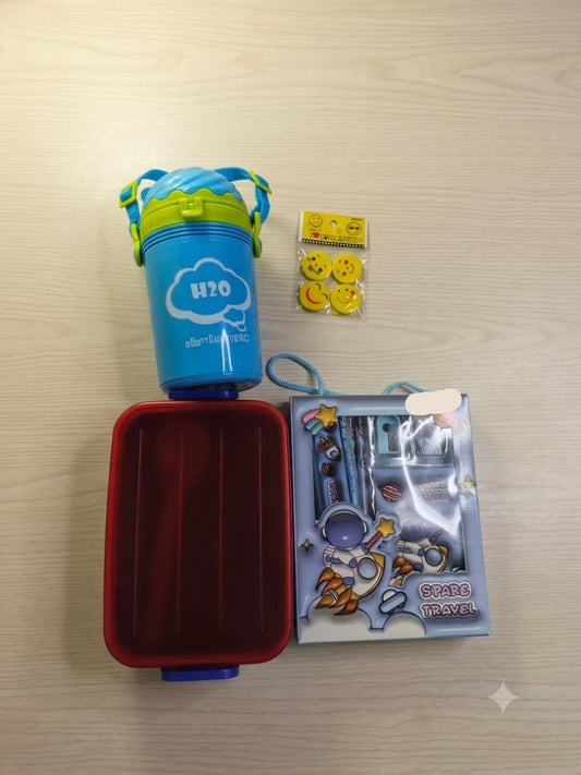 Back to School Combo Set – Stationery Box & Lunch Box, Water Bottle with FREE Erasers